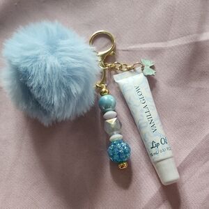 Blue Fluffy Keychain with Lip Oil